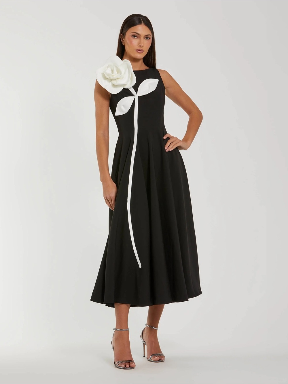 Mac Duggal 2329 Black Crepe A Line Midi Dress with 3D Flower sz 10